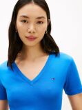 Blue Ribbed V-Neck Slim Fit T-Shirt  Women