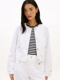 White Gold-Tone Button Collarless Denim Jacket  Women