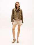 Green Gold-Tone Button Pure Linen Utility Jacket  Women