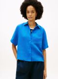 Blue Relaxed Fit Pure Linen Short Sleeve Shirt  Women