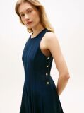 Blue Gold-Tone Button Linen Blend Midi Dress  Women