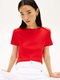 Red Gold-Tone Button Slim Boat Neck T-Shirt  Women