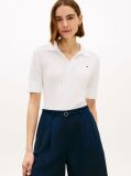 White Pointelle Short Sleeve Polo Jumper  Women