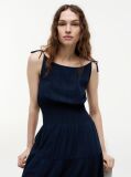 Blue Seersucker Smock Tie Strap Midi Dress  Women