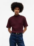 Red Gold-Tone Button Mock Neck T-Shirt  Women