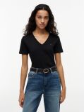 Black Ribbed V-Neck Slim Fit T-Shirt  Women