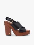 Black Leather Crossover Strap Block Heel Sandals  Women