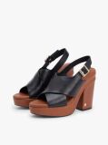 Black Leather Crossover Strap Block Heel Sandals  Women