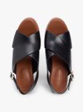 Black Leather Crossover Strap Block Heel Sandals  Women