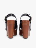 Black Leather Crossover Strap Block Heel Sandals  Women