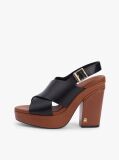 Black Leather Crossover Strap Block Heel Sandals  Women