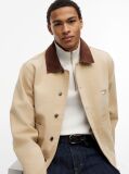 Beige Contrast Collar Canvas Chore Jacket  Men