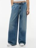 Denim Drawstring Loose Wide Leg Jeans With Linen  Women