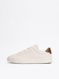 Beige Leather Textured Court Trainers  Men