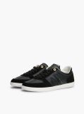 Black Leather Mixed Texture Enamel Flag Trainers  Women