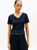 Blue Ribbed V-Neck Slim Fit T-Shirt  Women