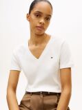 Beige Ribbed V-Neck Slim Fit T-Shirt  Women