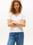 Beige Ribbed V-Neck Slim Fit T-Shirt  Women