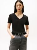 Black Ribbed V-Neck Slim Fit T-Shirt  Women