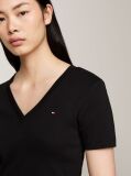 Black Ribbed V-Neck Slim Fit T-Shirt  Women