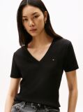 Black Ribbed V-Neck Slim Fit T-Shirt  Women
