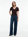Brown Ribbed V-Neck Slim Fit T-Shirt  Women