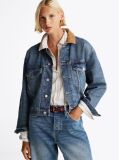 Blue Contrast Collar Relaxed Denim Trucker Jacket  Women
