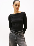Black Ribbed Slim Boat Neck T-Shirt  Women