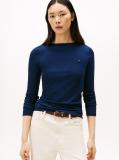 Blue Ribbed Slim Boat Neck T-Shirt  Women
