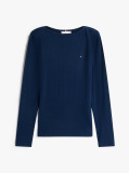 Blue Ribbed Slim Boat Neck T-Shirt  Women