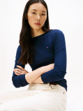 Blue Ribbed Slim Boat Neck T-Shirt  Women