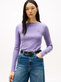 Purple Ribbed Slim Boat Neck T-Shirt  Women