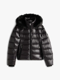Black Shiny Water Repellent Down Hooded Jacket  Women