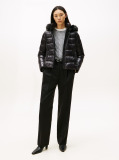 Black Shiny Water Repellent Down Hooded Jacket  Women