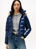Blue Shiny Water Repellent Down Hooded Jacket  Women