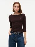Brown Slim Boat Neck Three-Quarter Sleeve T-Shirt  Women