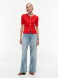 Red Pointelle Gold-Tone Button Short Sleeve Cardigan  Women