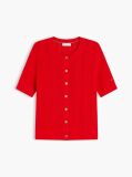 Red Pointelle Gold-Tone Button Short Sleeve Cardigan  Women
