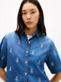 Blue Relaxed Fit Embroidery Short Sleeve Denim Shirt  Women