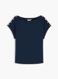 Blue Gold-Tone Button Boat Neck T-Shirt  Women