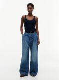 Blue Pleated Mid Rise Wide Leg Jeans  Women