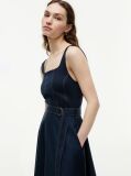 Blue Topstitch Square Neck Belted Midi Dress  Women