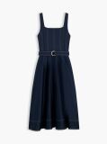 Blue Topstitch Square Neck Belted Midi Dress  Women