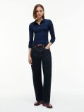 Blue Slim Fit Ribbed Long Sleeve Polo Shirt  Women