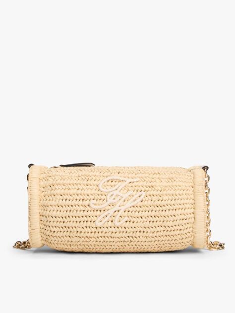 Beige Logo Embroidery Raffia Shoulder Bag  Women
