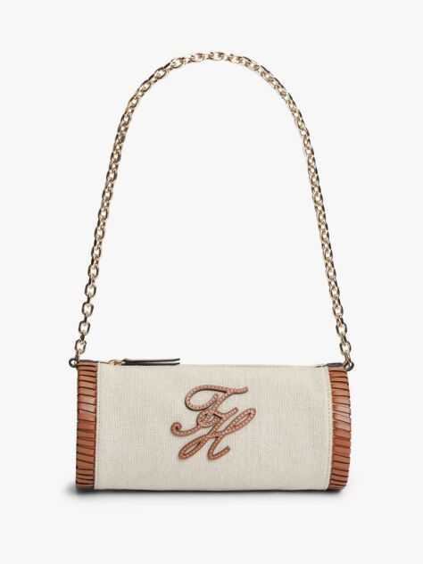 Beige Chain Strap Linen Canvas Shoulder Bag  Women