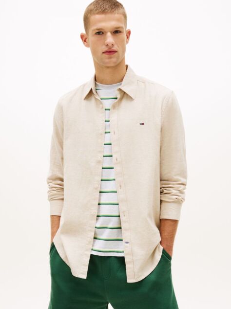Beige Regular Fit Linen Blend Shirt  Men