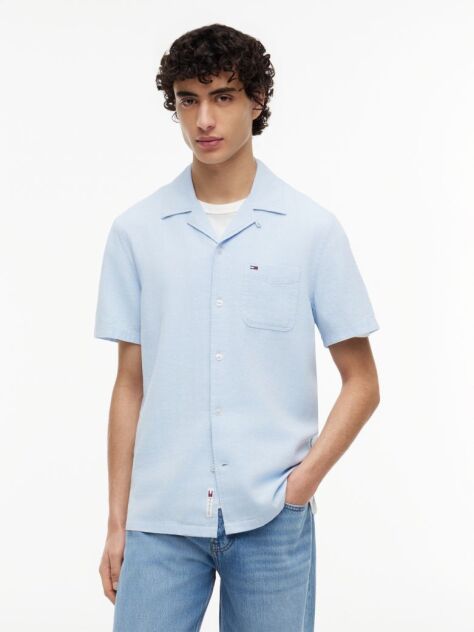 Blue Regular Fit Linen Blend Short Sleeve Shirt  Men