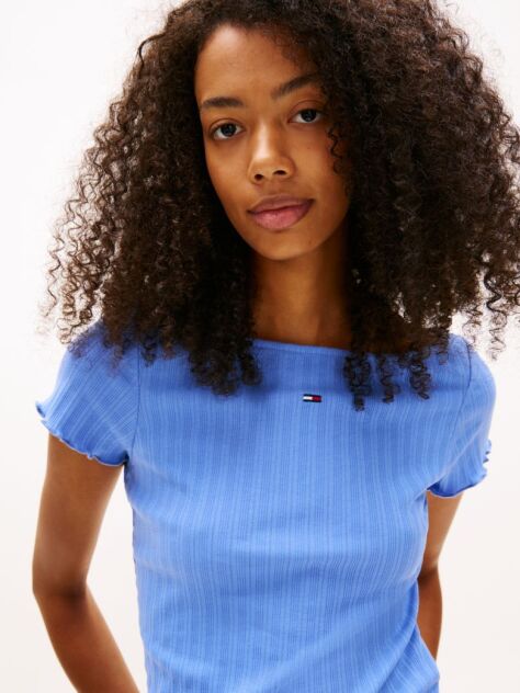 Blue Ruffle Ribbed Slim Boat Neck Top  Women