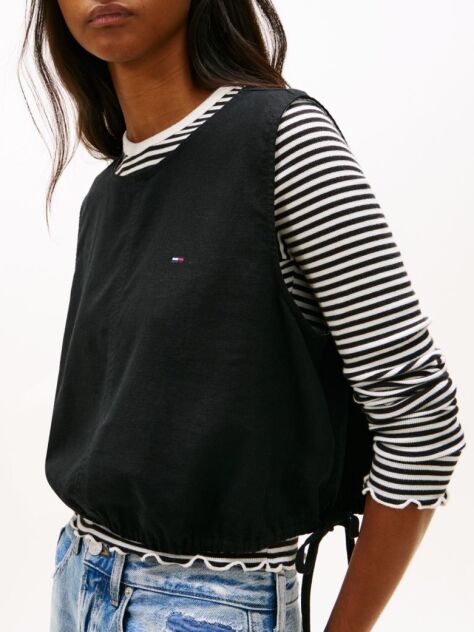 Black Side Tie Linen Blend Sleeveless Blouse  Women
